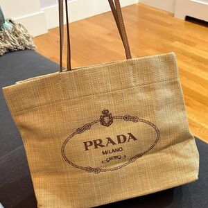 Prada Straw Tote with Brown Logo and Leather Straps